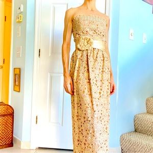 Handmade Design Champagne Lace Strapless Sparkle Gown.